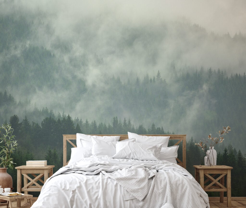 green color foggy forest nature wall mural Wallpaper Design for Bedroom