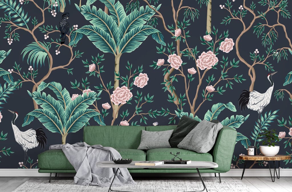 White Birds Pink Floral Green Leaves Wall Murals