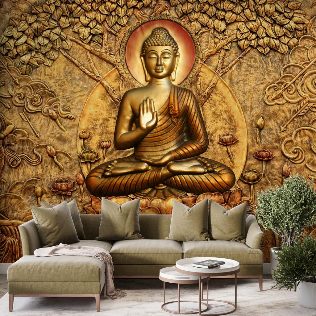 Golden Buddha Bas Relief Wall Mural
