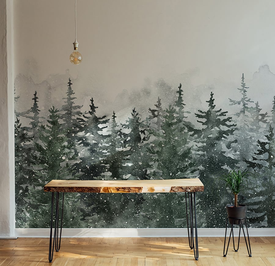 Christmas Decor Green Pine Forest Scandinavia Wallpaper