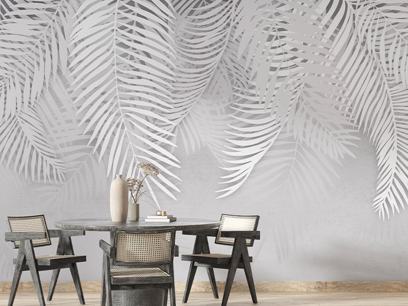 White Palm Leaves Concrete Mural