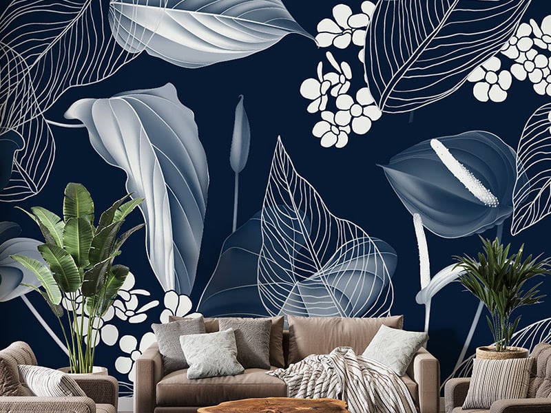 Dark Blue Nature Flower Leaves Wallpaper