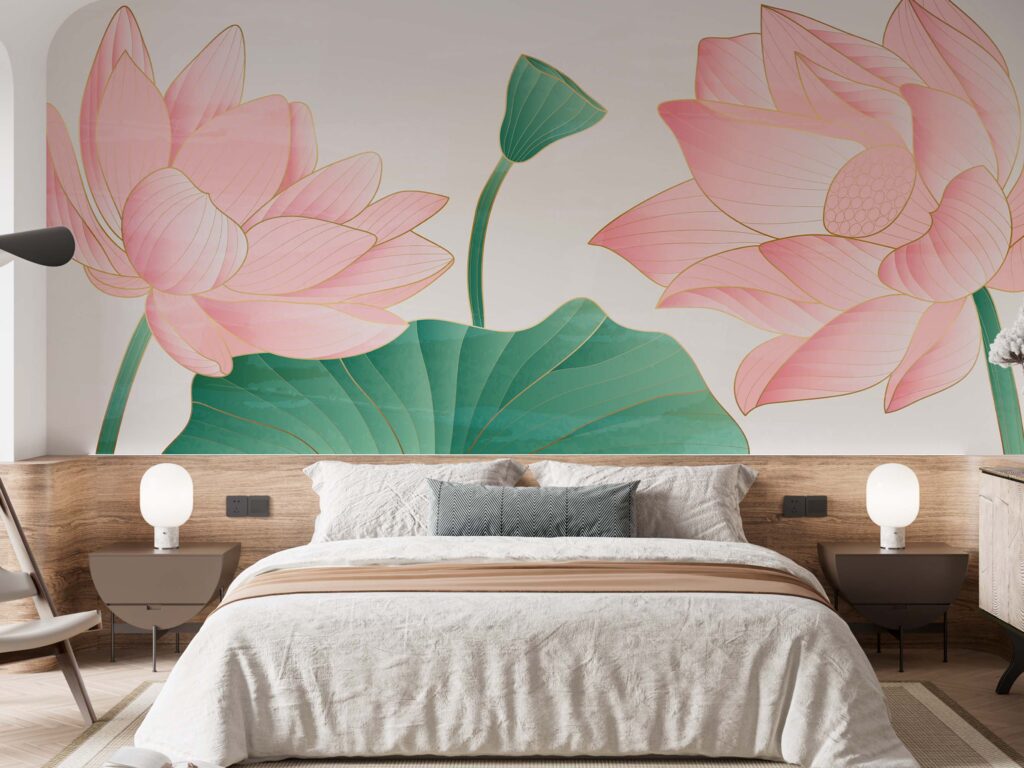 Wild Golden Pink Lotus Flowers Mural Wallpaper
